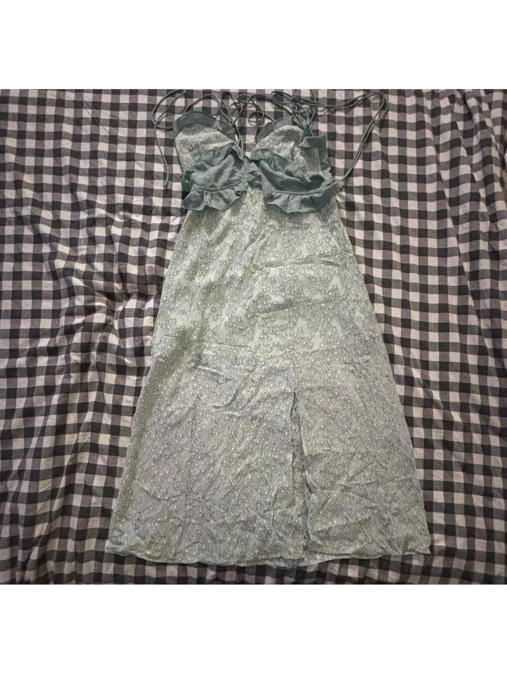 Lina Teal Mint Green Lace Strappy Midi Dress